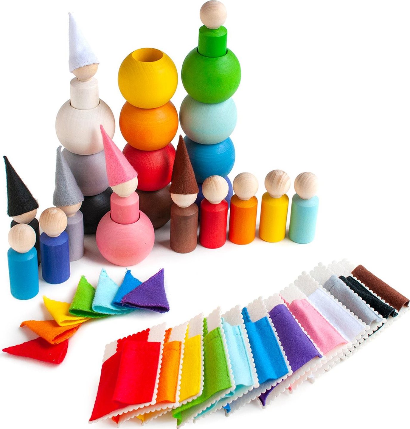 Ulanik Montessori drevená hračka „Small Peg Dolls with Hats, Beds and Balls“