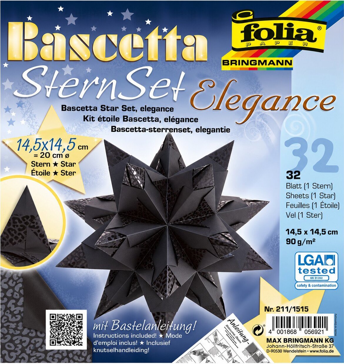 FOLIA Bascetta hviezda, čierna, 14,5 × 14,5 cm