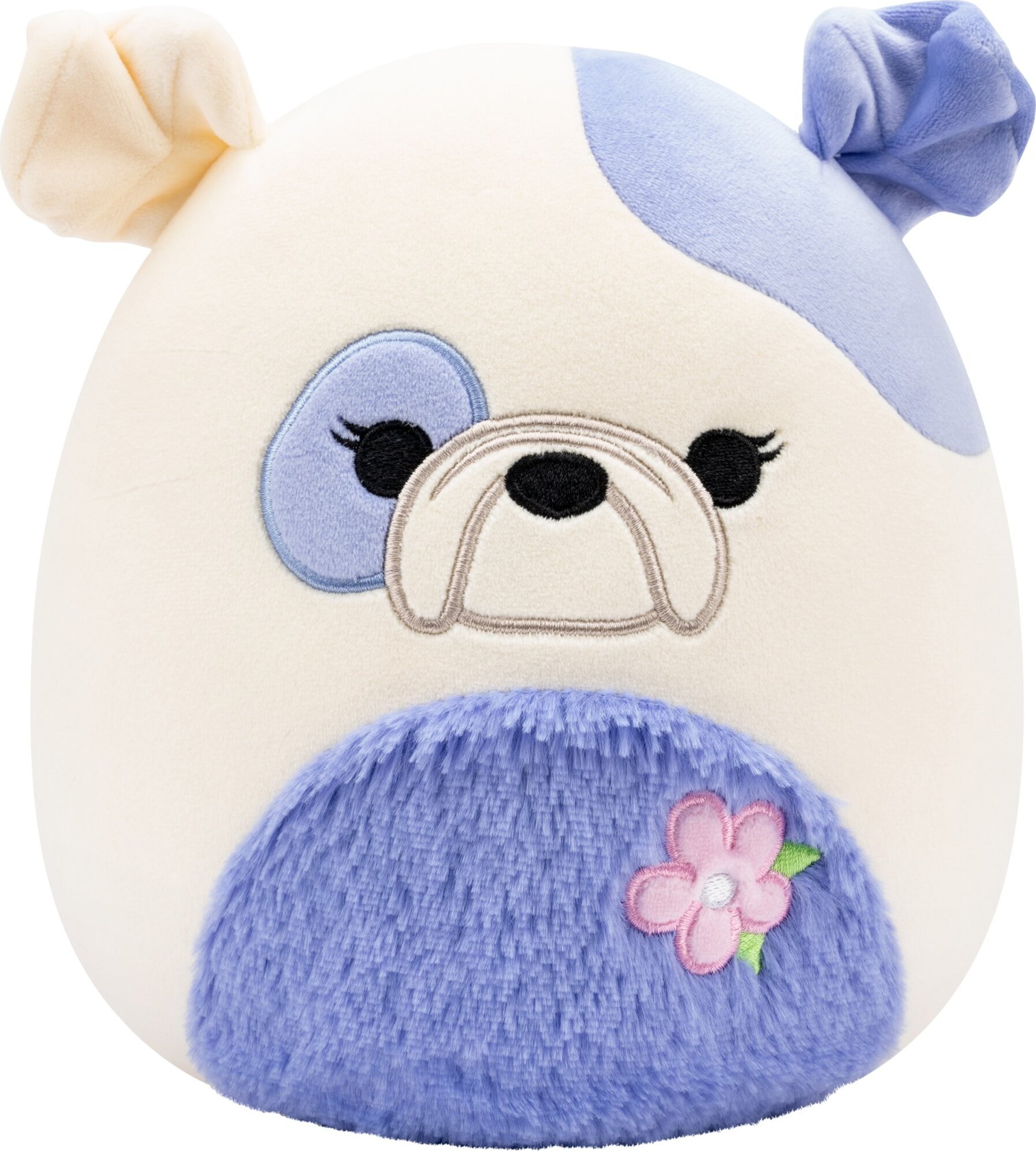 Jazwares Squishmallows – modrofialový a krémový buldog s hebkým bruškom a kvetinou