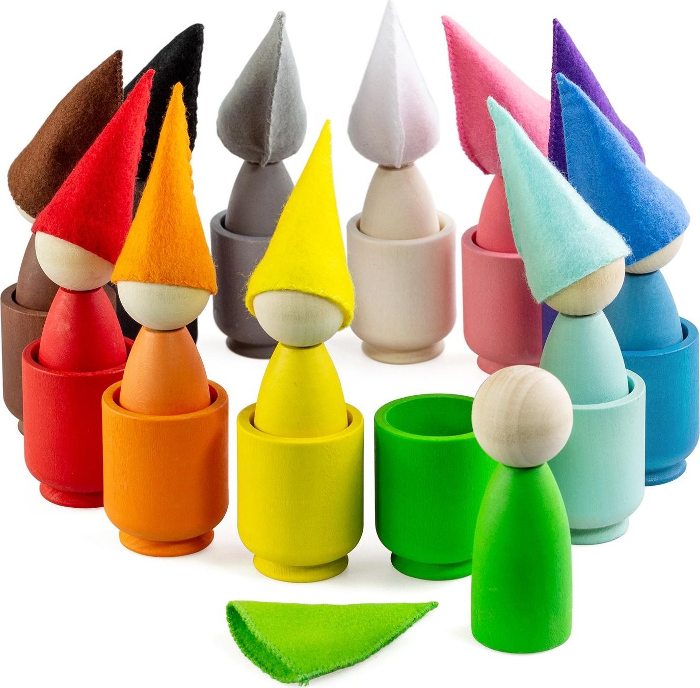 Ulanik Montessori drevená hračka „Peg Dolls with Hats in Cups“