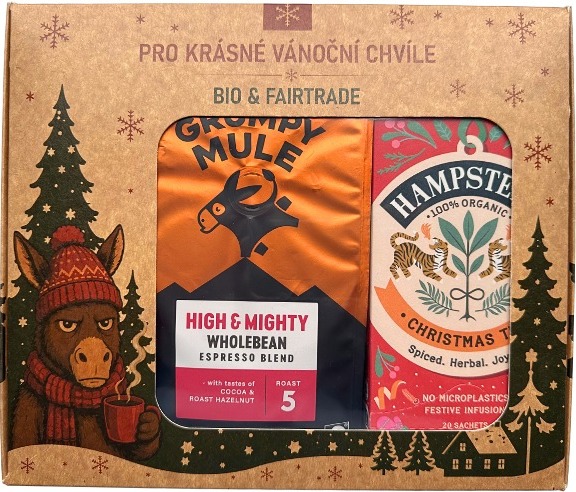 Grumpy Mule Vianočný balíček High & Mighty Arabica zrnková káva 200 g a BIO vianočný korenený čaj 20