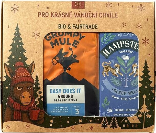 Grumpy Mule Vianočný BIO balíček Arabika mletá káva bez kofeínu 200 g a BIO čaj na dobrú noc 20 ks