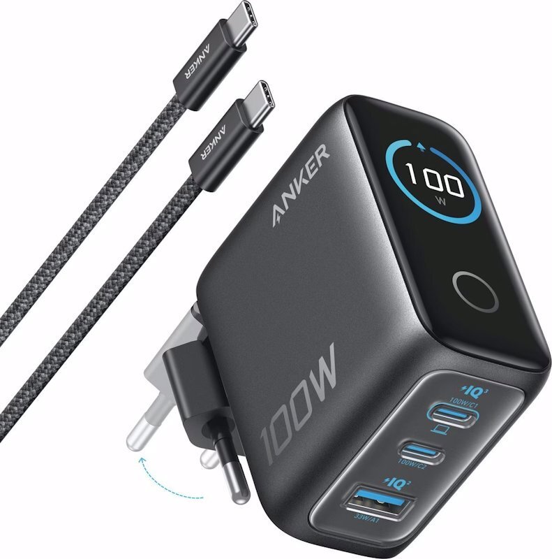 Anker 100 W, 2× USB-C, 1× USB sivá