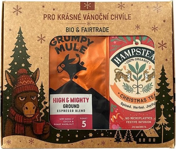 Grumpy Mule Vianočný balíček High & Mighty Arabica mletá káva 200 g a BIO vianočný korenený čaj 20 k