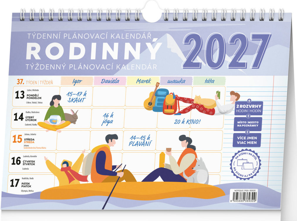 NOTIQUE týždenný rodinný plánovací kalendár s háčikom 2027, 30 × 21 cm