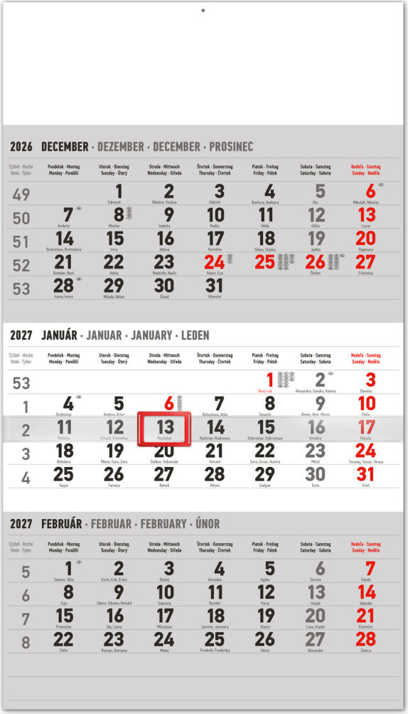 NOTIQUE 3-mesačný štandard sivý – so slovenskými menami 2027, 29,5 × 43 cm