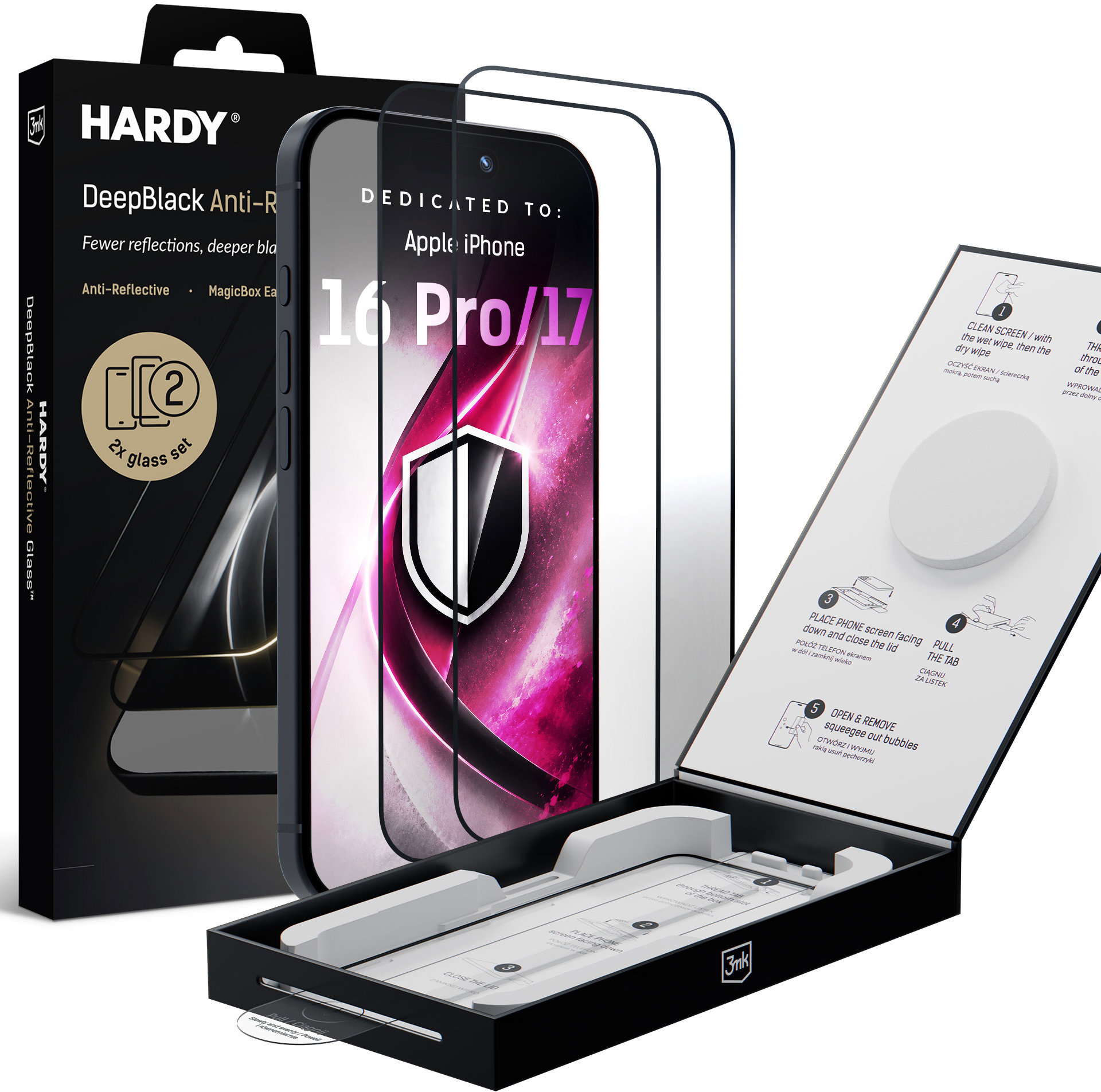 3MK Hardy DeepBlack antireflexné, 9H, 2 ks + aplikátor na Apple iPhone 16 Pro/17