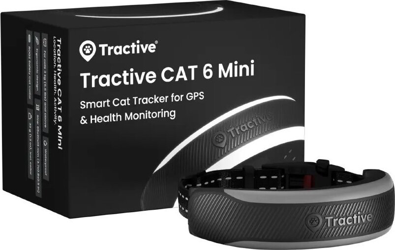 Tractive CAT 6 Mini GPS lokátor pre mačky s monitorom zdravia a obojkom, čierny