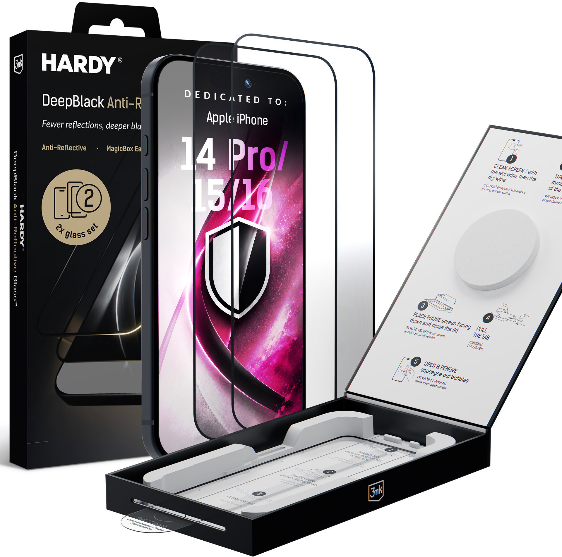 3MK Hardy DeepBlack Antireflexný, 9H, 2 ks + aplikátor na Apple iPhone 14 Pro/15/16