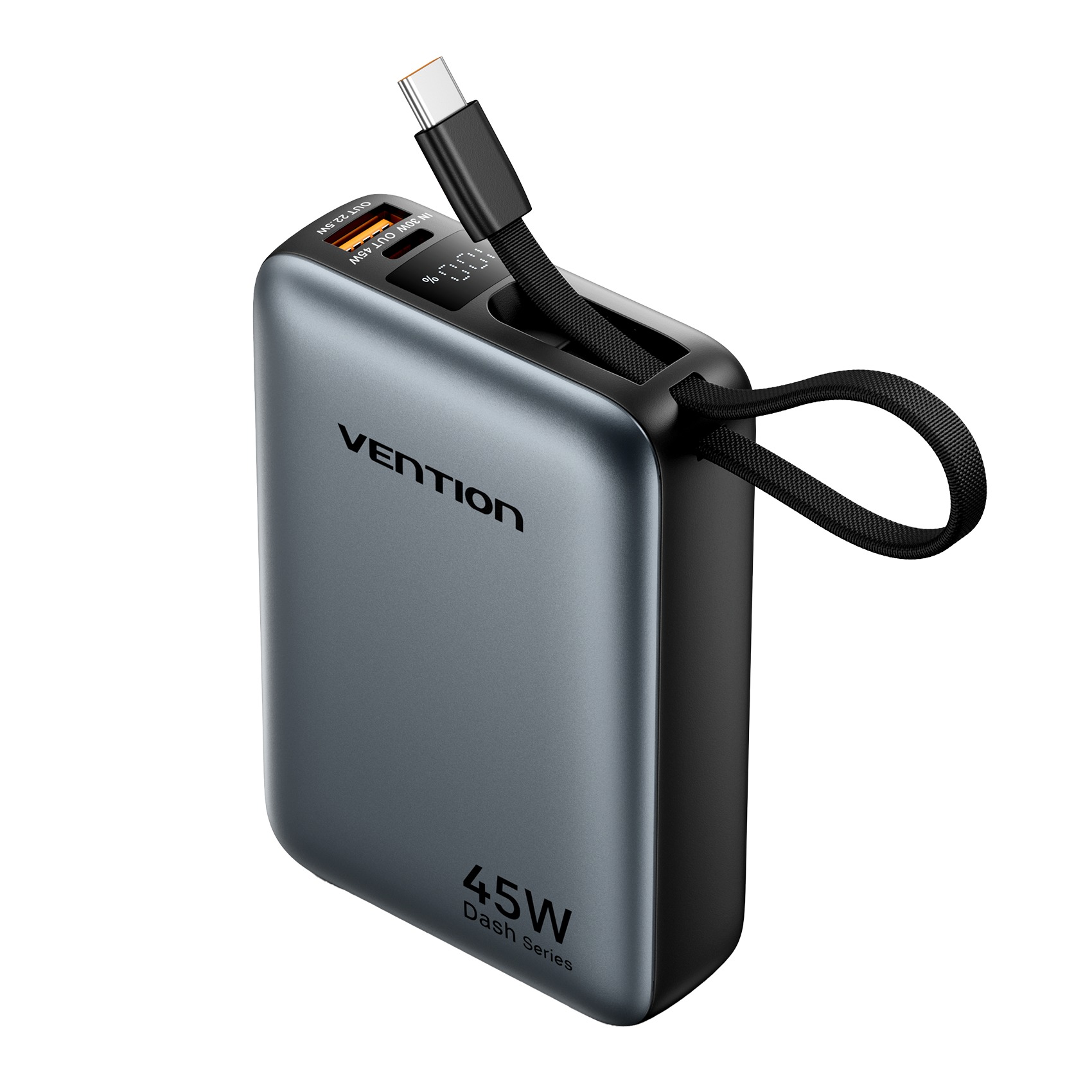 Vention 20000 mAh Mini Power Bank (USB-C + USB-C/USB-A) with Built-in USB-C Cable 45 W Gray Universa