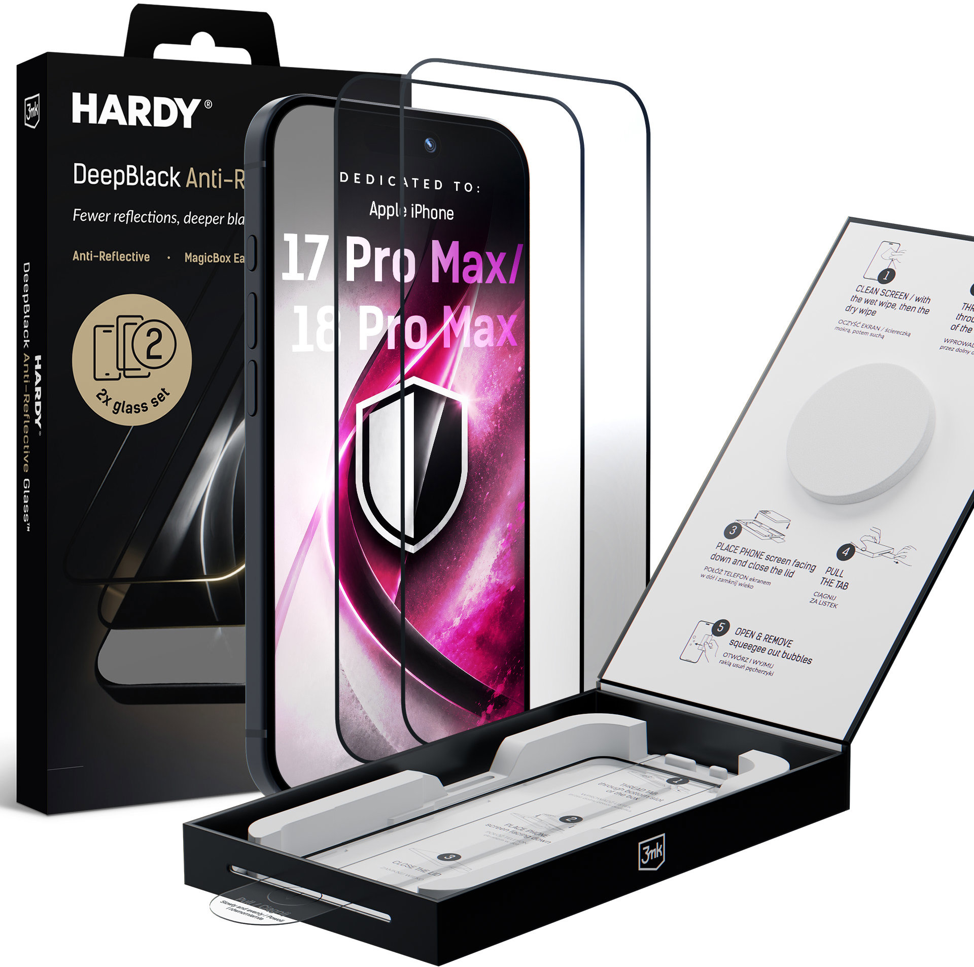 3MK Hardy DeepBlack Anti-Reflexné, 9H, 2 ks + aplikátor na Apple iPhone 17 Pro Max/18 Pro Max
