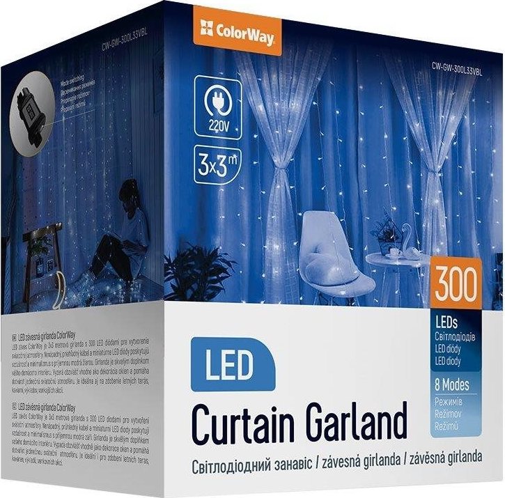 ColorWay CW-GW-300L33VBL, LED girlanda, 300× LED, Modrá, Dĺžka 3 × 3 m