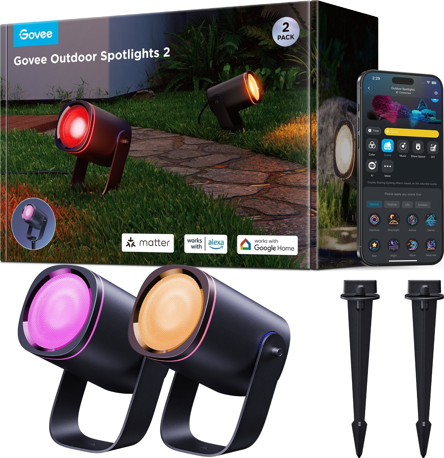 Govee RGBWW Smart záhradné reflektory, 750 lm Matter, 2 ks