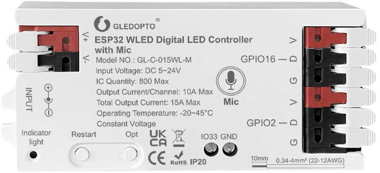 GLEDOPTO GL-C-015WL-D ESP32 WLED Digitální LED ovladač + Mic/UART