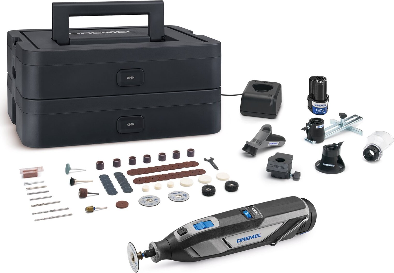 DREMEL AKU 8240, 65 ks príslušenstva, 5 nadstavcov, kufor F.013.824.0JP, 2× 2 Ah