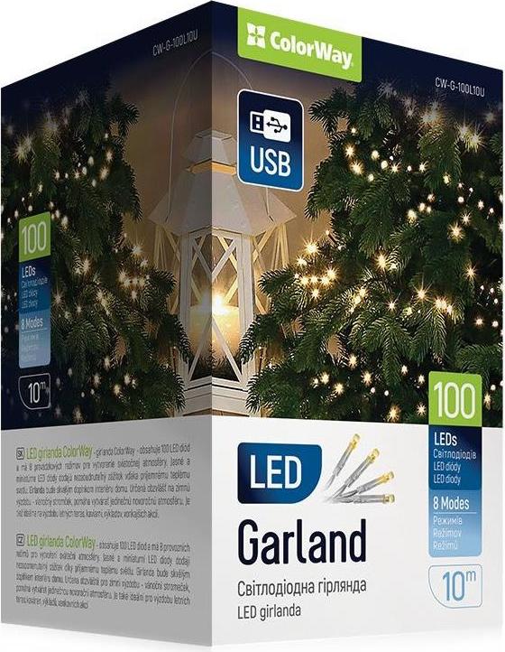 ColorWay CW-G-100L10U, LED reťaz, 100× LED, Teplá biela, Dĺžka 10 m, USB