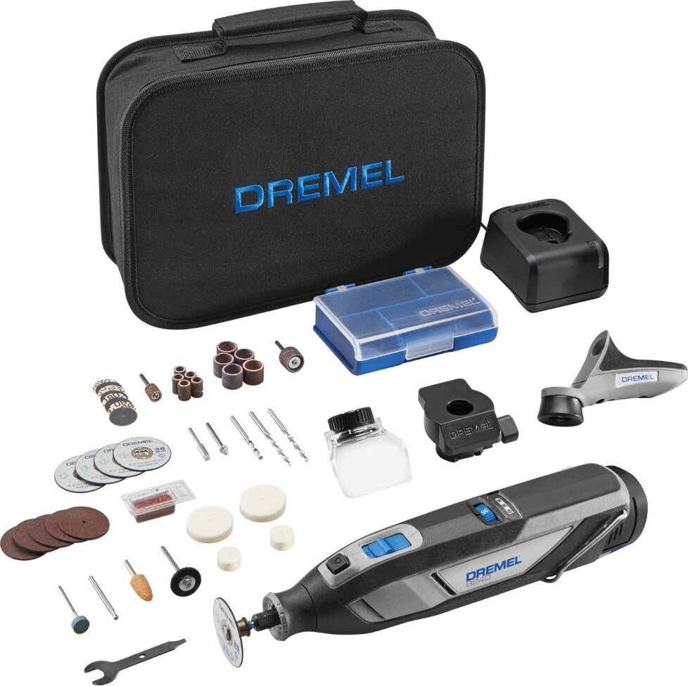 DREMEL AKU 8240, 45 ks príslušenstva, 3 nadstavce F.013.824.0JF, 1× 2 Ah