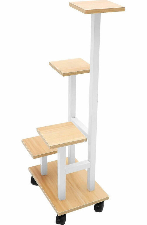 APT DA580 Stojan na kvety, 4 úrovne, 86 cm, pojazdný, dekór dreva, biely