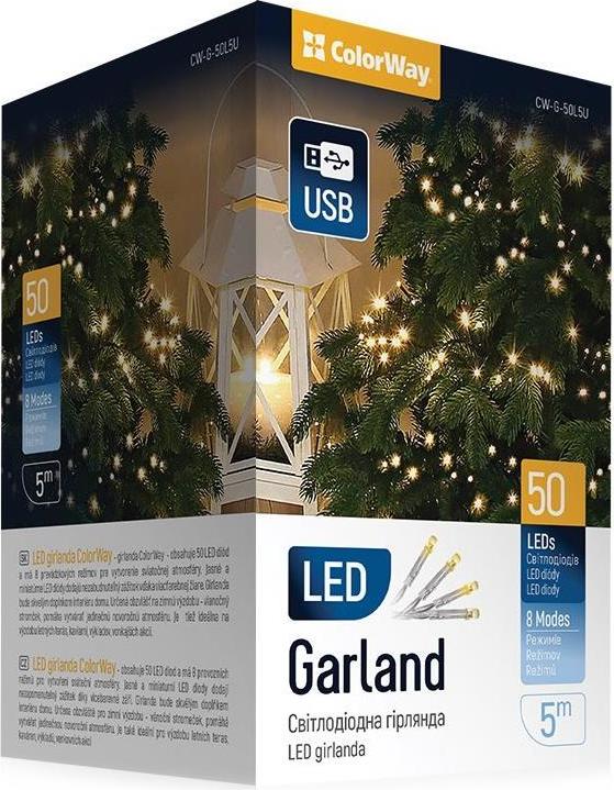 ColorWay CW-G-50L5U, LED reťaz, 50× LED, Teplá biela, Dĺžka 5 m, USB