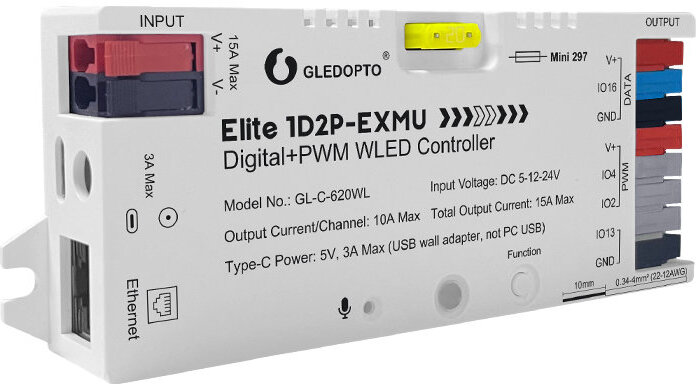 GLEDOPTO GL-C-620WL Elite – WiFi/Ethernet WLED ovladač Digital+PWM