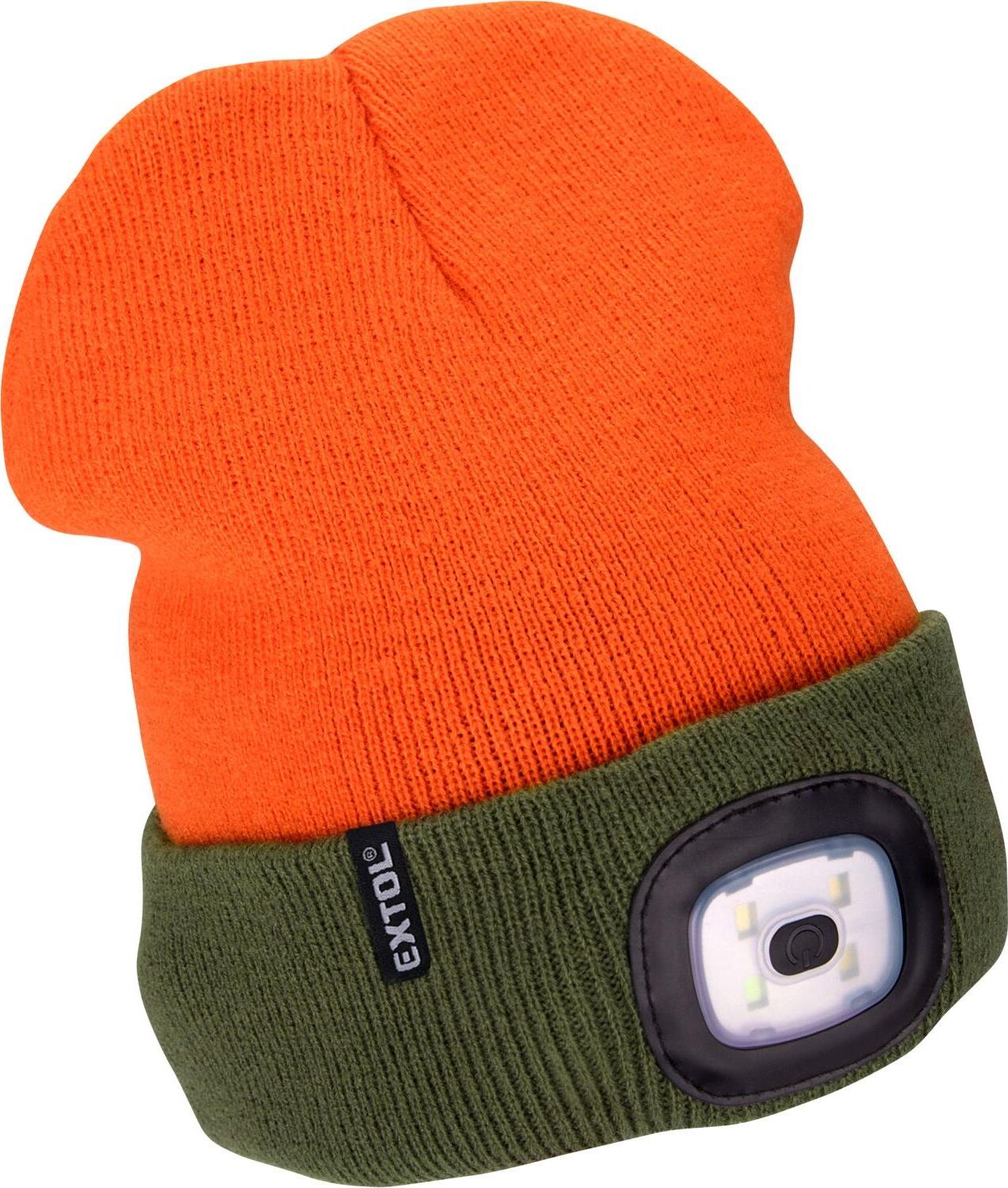 EXTOL LIGHT Čiapka s čelovkou 4× 45 lm, fluorescenčná oranžová/khaki zelená, obojstranná UNI