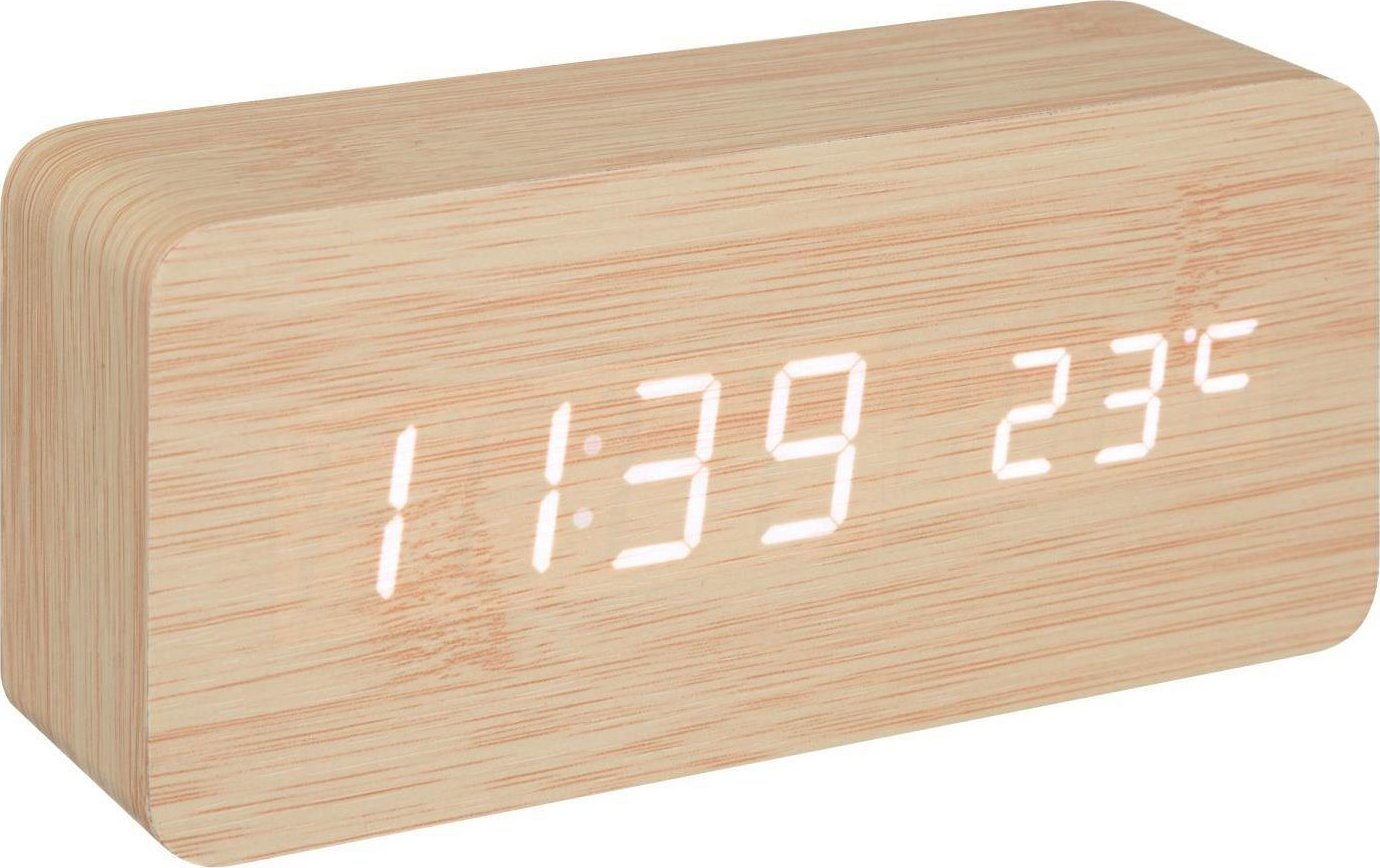 Atmosphera – Drevený budík s teplomerom Gamiel, 15 × 4 × 7 cm