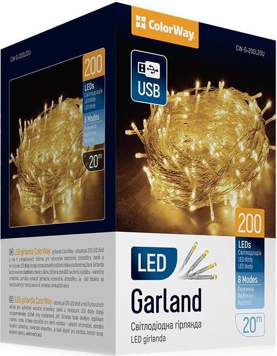 ColorWay CW-G-200L20U, LED raťaz, 200× LED, Teplá biela, Dĺžka 20 m, USB