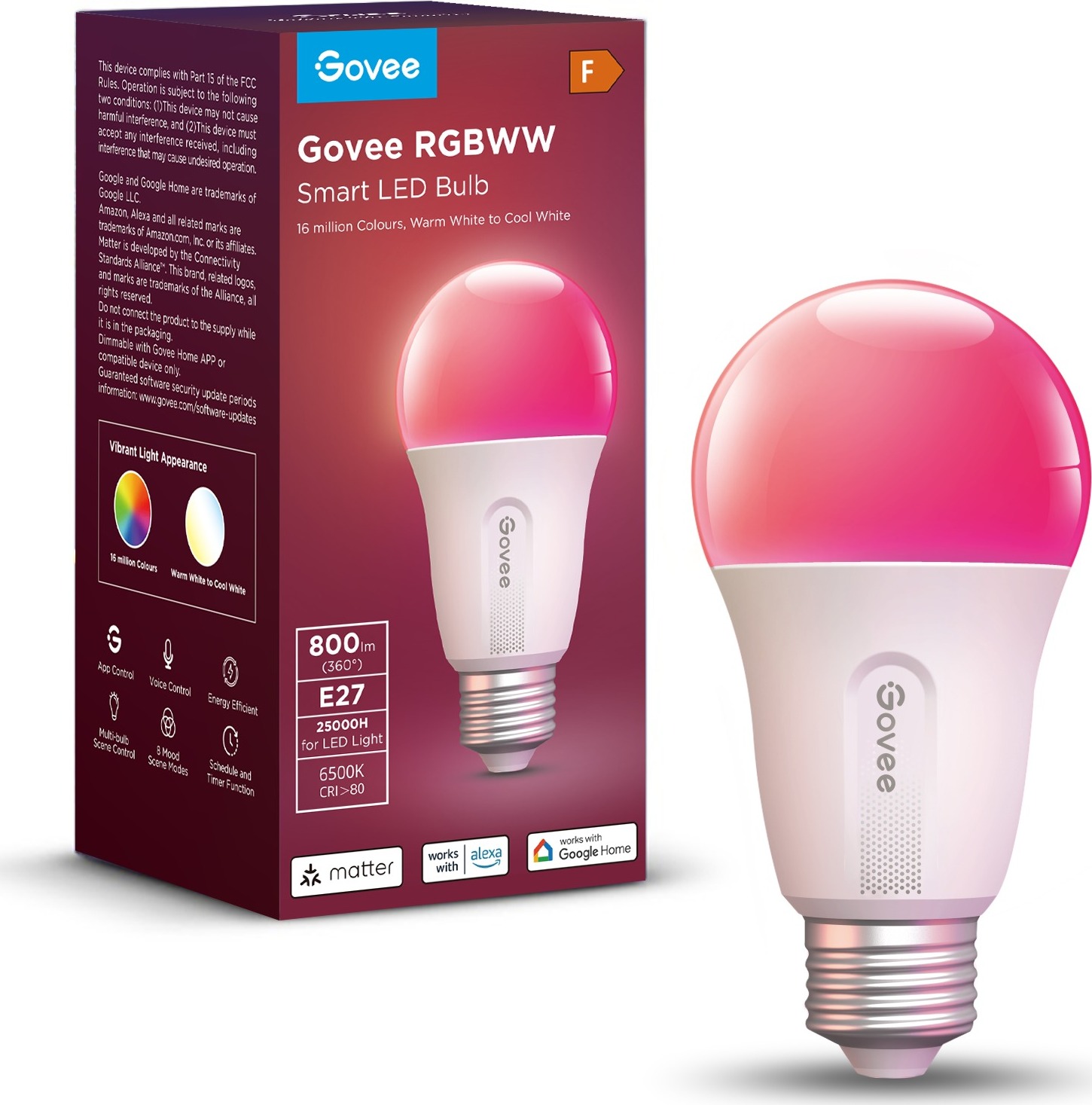 Govee Smart RGBWW 9 W-60 W, 800 lm, E27, Long Life Matter
