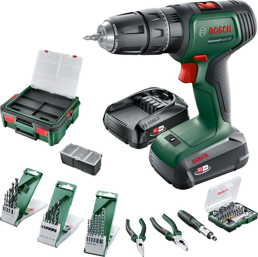 BOSCH Vŕtačka AKU s príklepom UniversalImpact 18 V, príslušenstvo 46 ks 0.603.9D4.108 (2× 1,5 Ah)