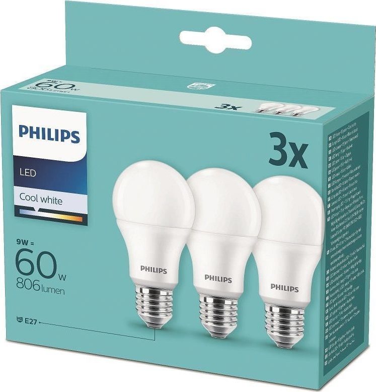 Philips LED 9 – 60 W, E27 4000 K, 3 ks