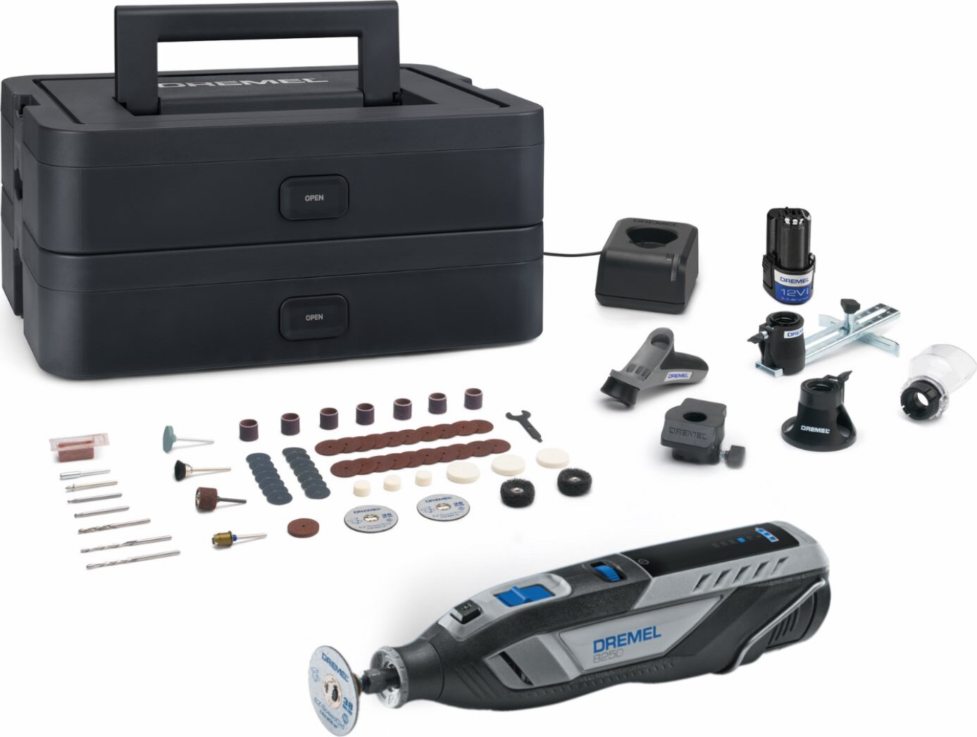 DREMEL Multifunkčné náradie AKU 8250-5/65, 65 ks príslušenstva, Dremel Box, F.013.825.0JF (2 × 2 Ah)