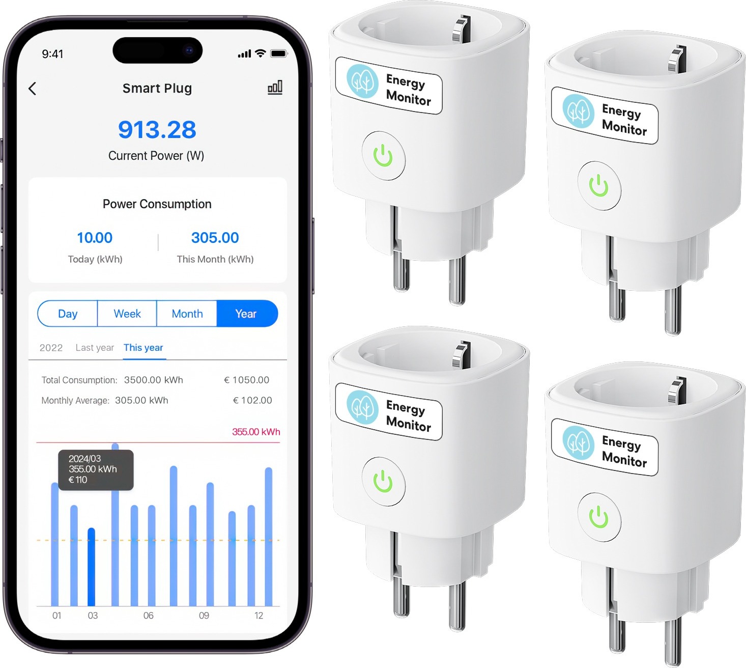 Meross Matter Compatible Smart WiFi Plug with Energy Monitor (4 pack)