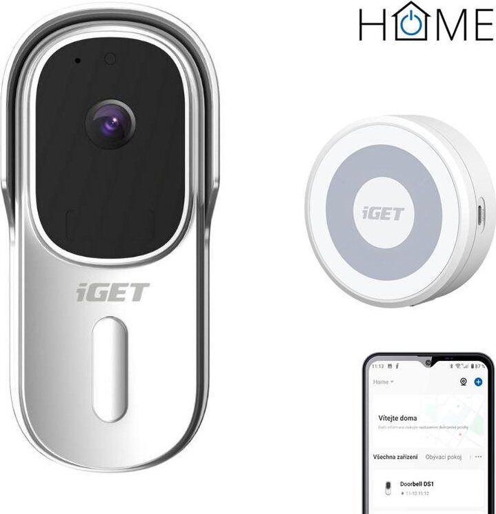 iGET HOME Doorbell DS1 White + Chime CHS1 White – súprava videozvončeka a reproduktora, FullHD video