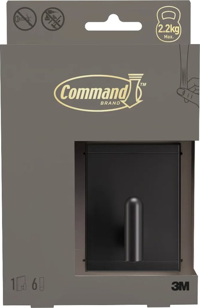 3M Command™ Decor veľký kovový háčik DCR02MB-EU, matný čierny, 1 háčik + 6 pásikov