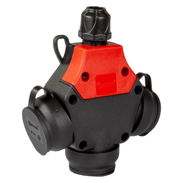 TP electric 1× 16 A/ IP54 – Roztrojka gumová, trojfázová, francúzske zásuvky 250 V, červená