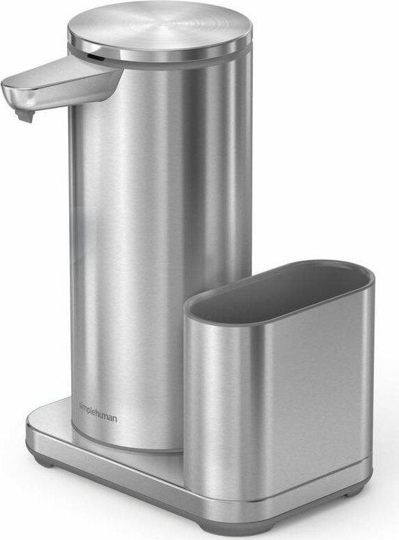 Simplehuman bezdotykový dávkovač mydla – 414 ml, + držiak na špongiu, nehrdzavejúca oceľ