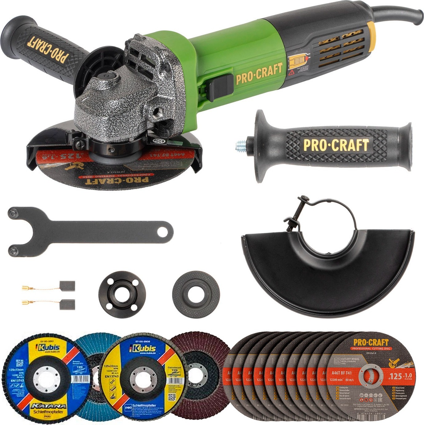 Procraft Brúska uhlová 125 mm PW1050 + 10× rezný kotúč, 2× lamelový kotúč