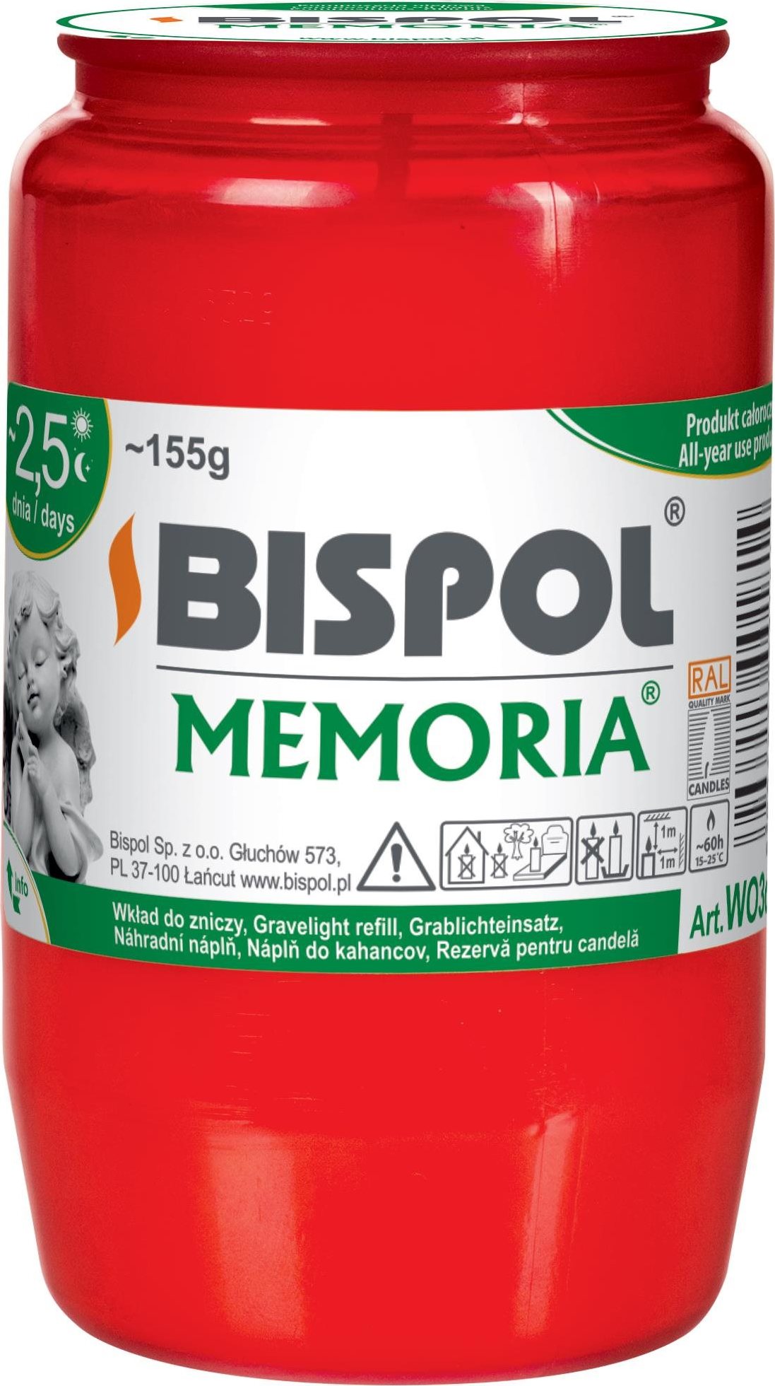 BISPOL cintorínska sviečka Memoria červená 60 h