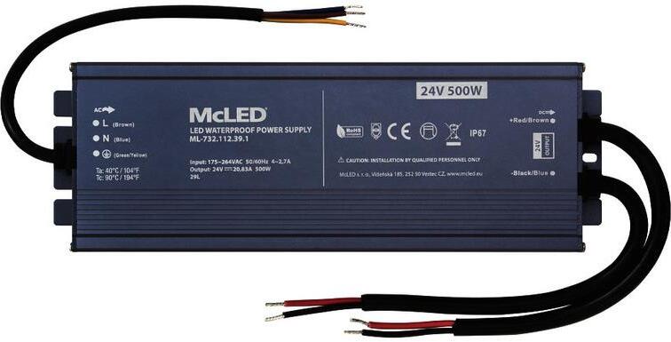 McLED Napájací zdroj longevity 500 W, DC24V/20.83A, IP67, hliníkový