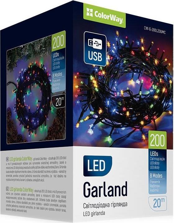 ColorWay CW-G-200L20UMC, LED reťaz, 200× LED, Viacfarebná, Dĺžka 20 m, USB