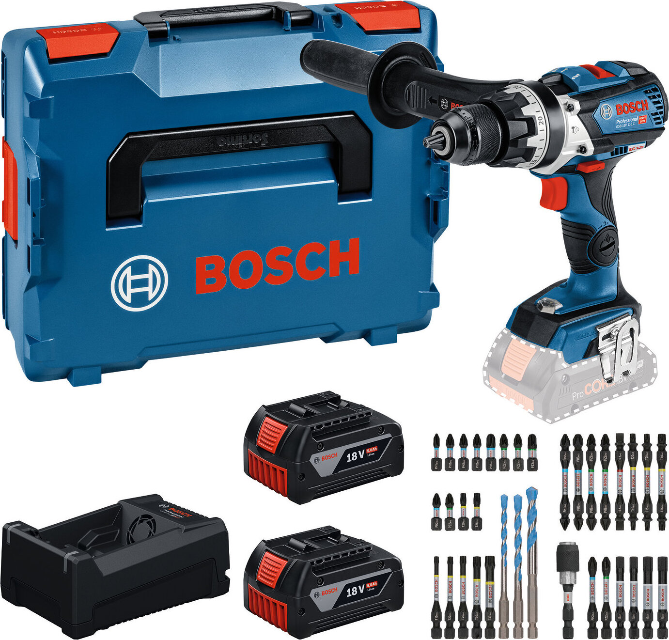 BOSCH Professional Vŕtačka AKU s príklepom GSB 18V-110 C, sada bitov, L-BOXX 0.615.A50.0E0 (2× 5 Ah)