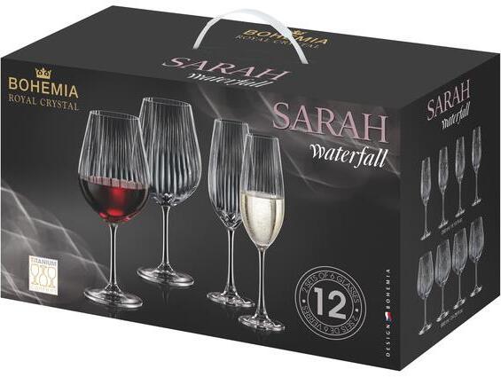 Bohemia Royal Crystal SARAH Waterfall Sada pohárov na víno a šampanské 12 ks