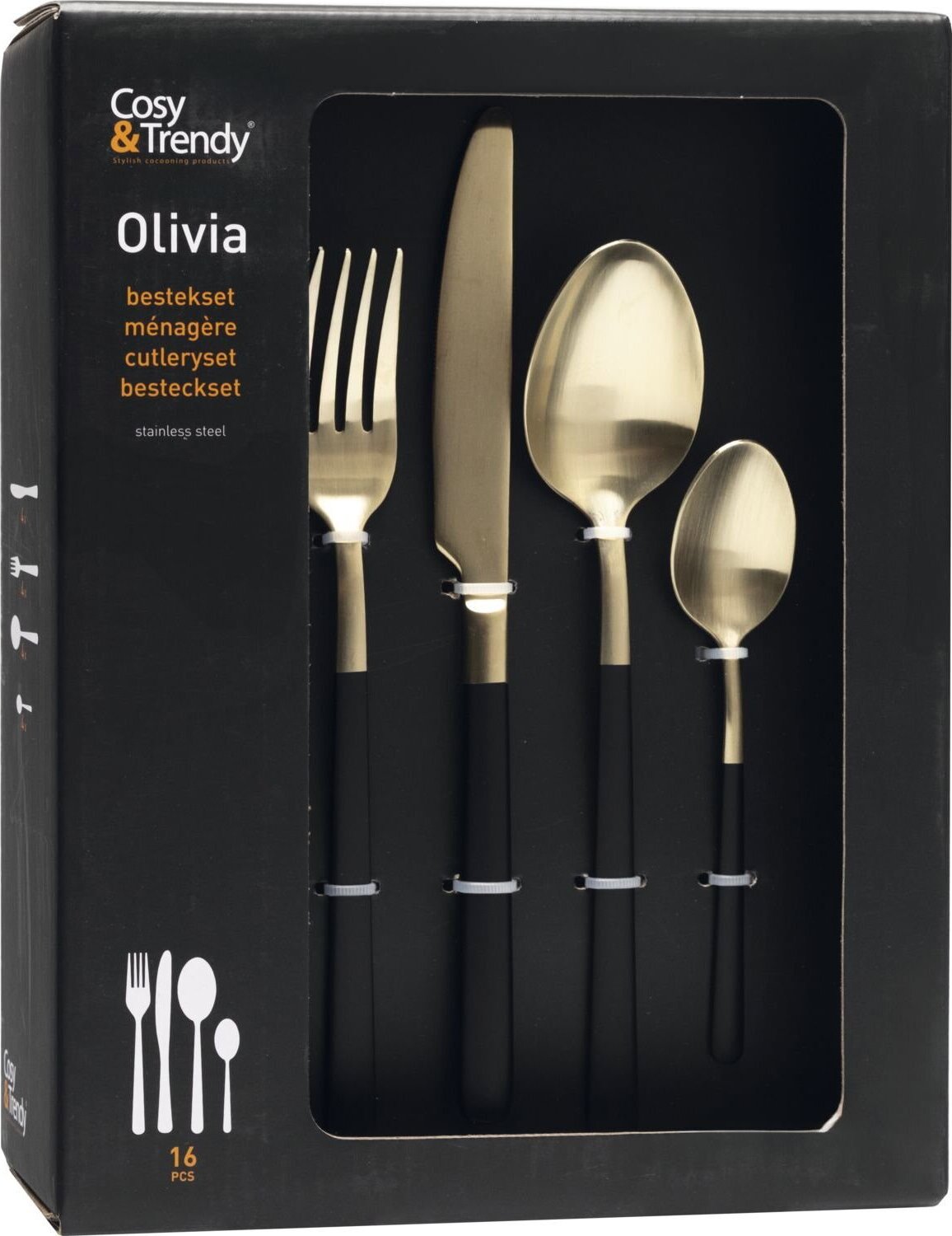 Cosy & Trendy Sada príborov Champagner – Black Olivia, 16-dielna, výška 270 mm, dĺžka 205 mm