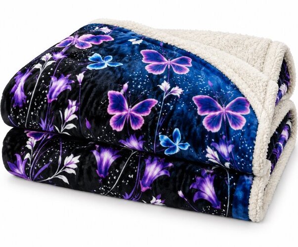 Textilomanie Mikroplyšová beránková deka VIOLET BUTTERFLY tmavě modrá 200 × 220 cm