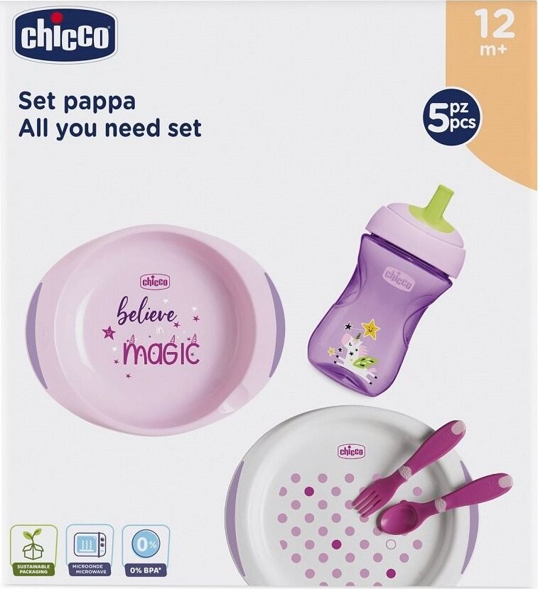 Chicco jedálenská sada, taniere, príbory, pohár, 12 mes.+, ružová