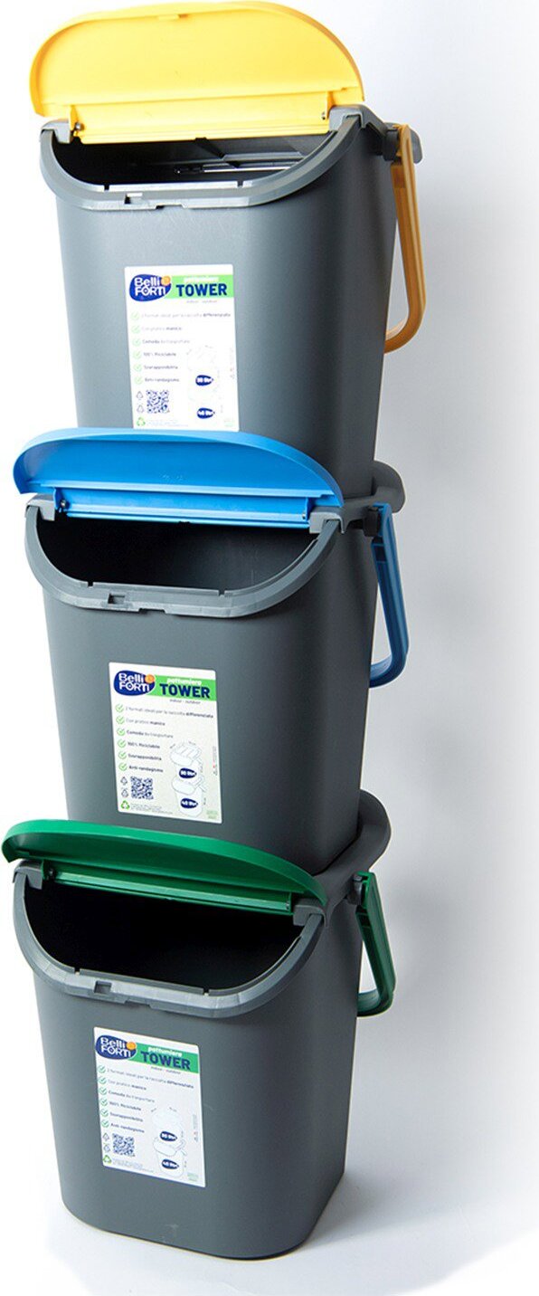 Belli E Forti Koše na triedený odpad TOWER, stohovateľné, sivé, plast, 3x 30 l