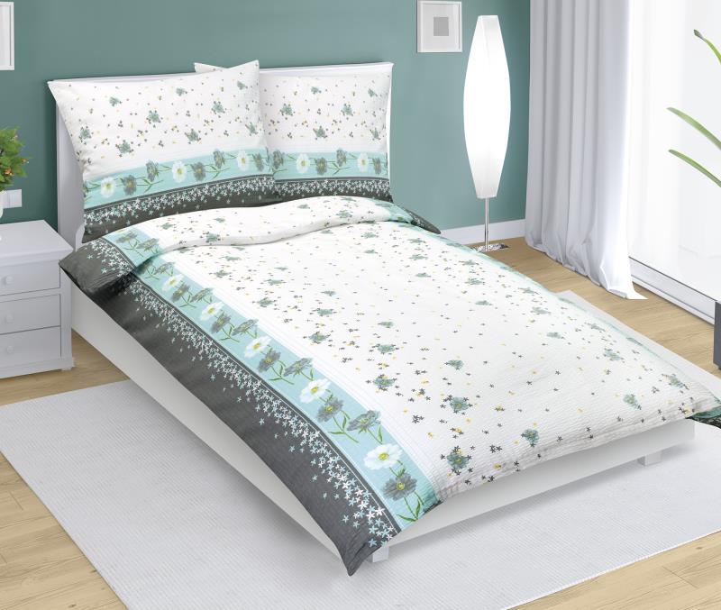 veratex Flanelové povlečení 70x90-140x200 cm Květ tyrkysová, šedá, bílá