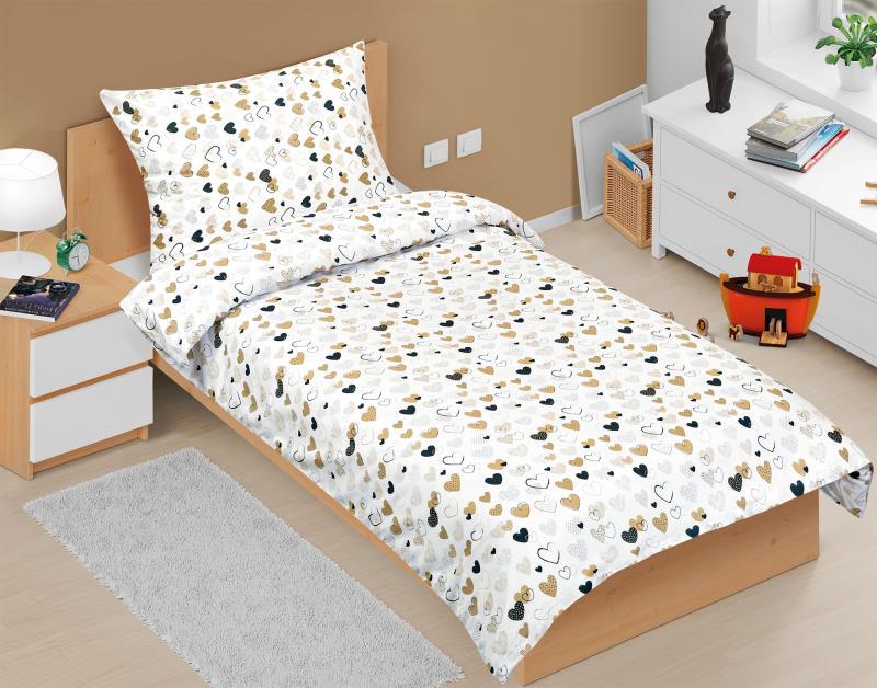 veratex Povlečení bavlněné Junior srdce - hořčicová, černá 140x200, 70x90 cm