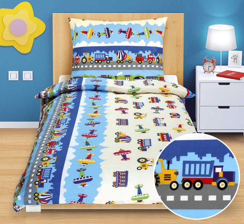 veratex Povlečení bavlněné Junior letadla a auta modrá - dětský motiv 140x200, 70x90 cm