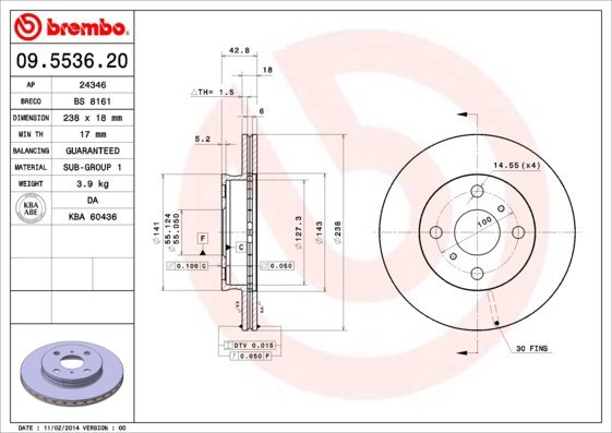 BREMBO brzdový kotúč 09.5536.20, súprava 2 ks